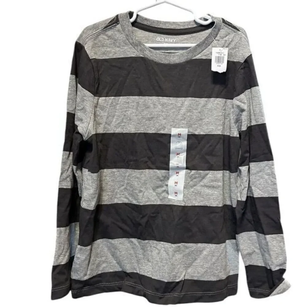 NWT Old Navy Boys Black Gray Stipe Long Sleeve Crew Neck Tee Shirt- Size M
